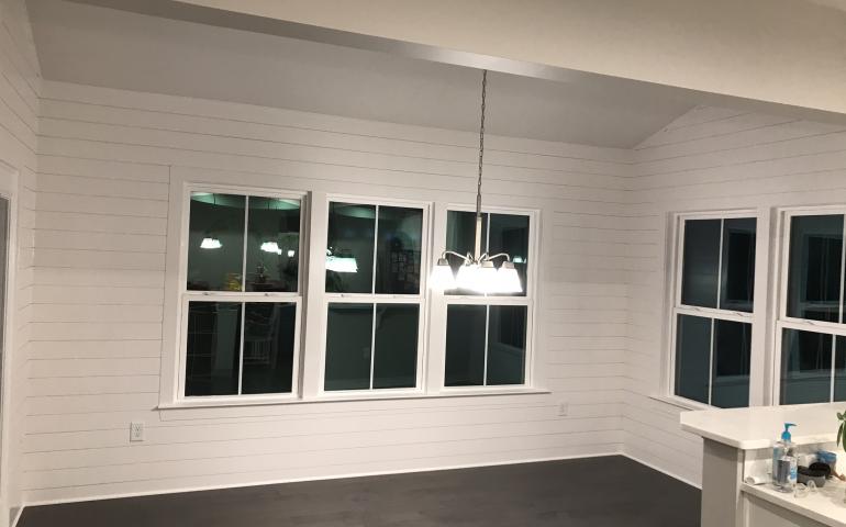 Ship lap around morning room dining area